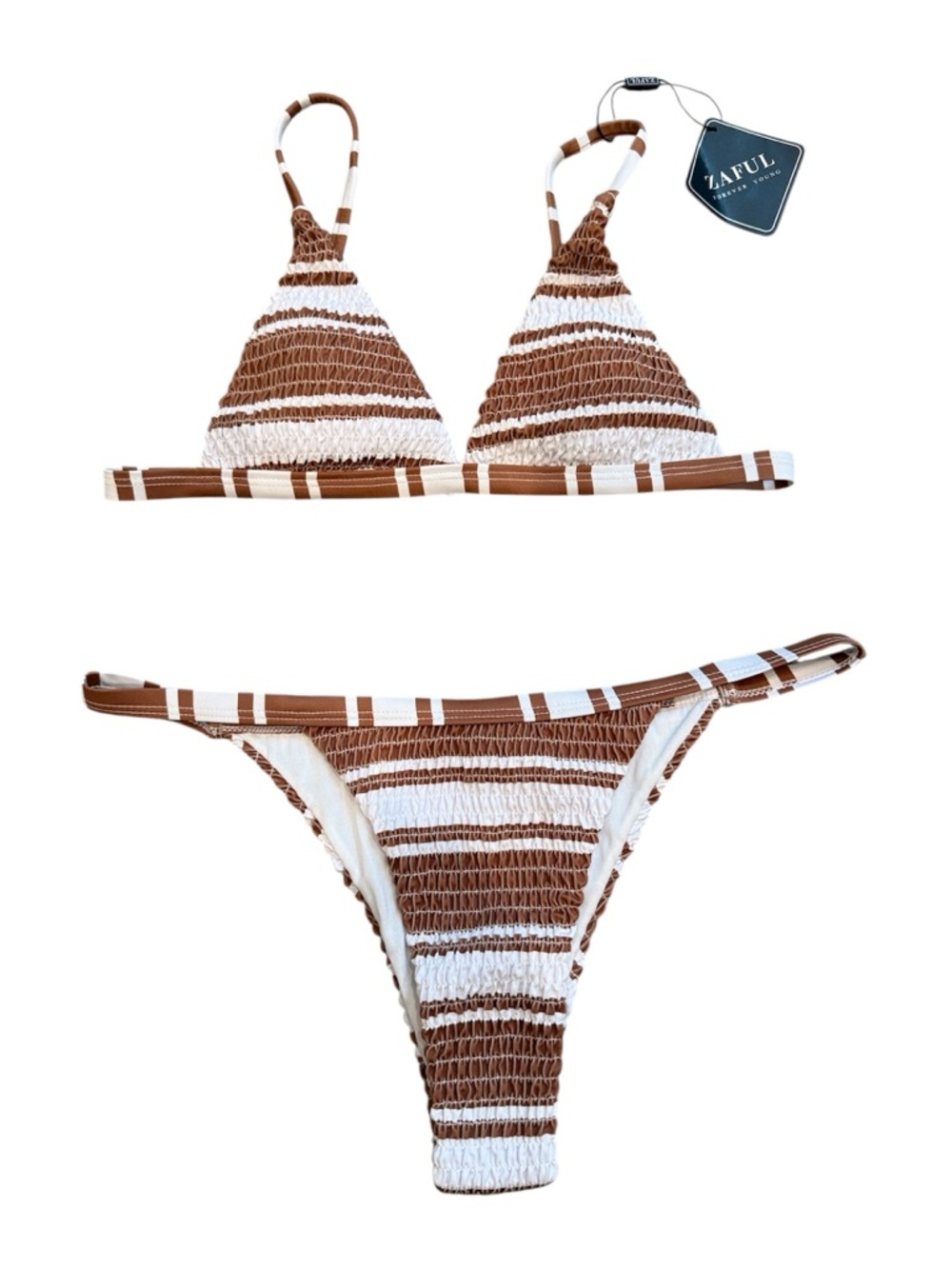 Zaful | NWT Brown and White Striped Smocked Triangle Bikini Top